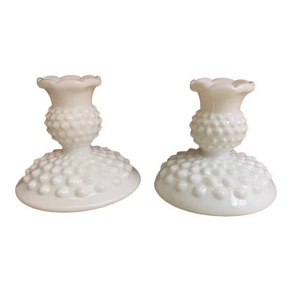 VTG Fenton Hobnob Milk Glass Ceramic Candlestick Holders Pair Collectible Chic - Picture 2 of 9